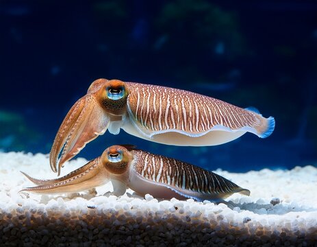 two cuttlefishes in a tank with white sand