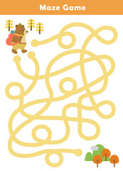 Maze activity sheet for children. Cute maze for kids. Kids labyrinth puzzle. Maze puzzle game for children with cute hiking bear illustration.
