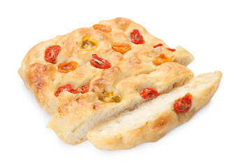 Cut delicious focaccia with tomatoes isolated on white