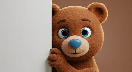 Fototapeta premium Adorable Curious Bear Peeking from Behind Wall with Big Blue Eyes – Perfect for Kids’ Stories, Cartoons, and Family Content