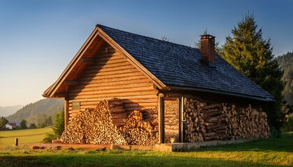 Obraz premium wood logs stacked neatly by a rustic dwelling in morning light