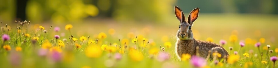 Obraz premium Brown hare rests near vibrant wildflowers, sunny meadow , fluffy, brown