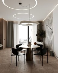 Villa interior mockup living and modern dining room interior, decorative wall mock up, 3d render