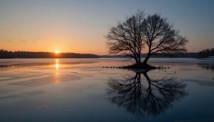 Obraz premium Lake tree sunset reflection water nature landscape scenic tranquil dawn dusk sky horizon silhouette serene