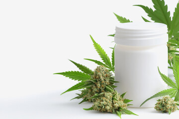 Bottle of cannabis next to flourishing marijuana plant illustrating growth potential in the cannabis industry visual