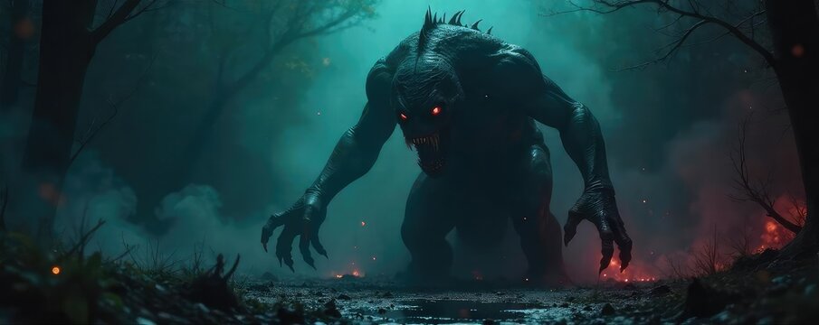 A shadowy, monstrous creature lurks in the darkness, its jagged claws extended, hinting at unspeakable horror and lurking danger A terrifying scene of pure nightmare fuel , demon, macabre