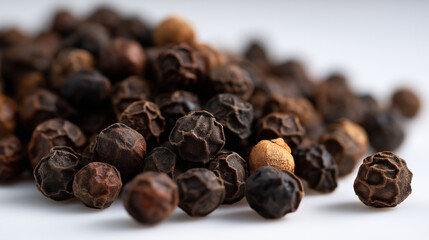 Fototapeta premium Close-up of Black Peppercorns on White Background