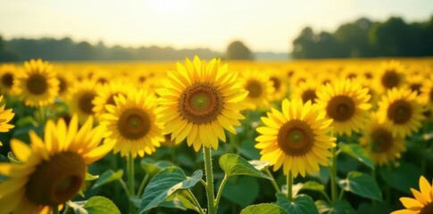 Obraz premium Hundreds of sunflowers basking in sunlight, a sea of yellow in a green field, green, yellow, field