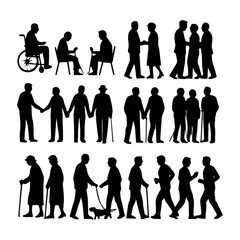 Vector silhouettes of elderly couples in good or bad times