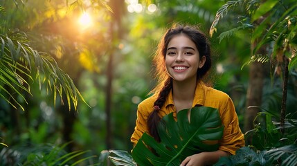 Smiling woman in lush tropical foliage