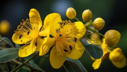 yellow senna alata flowers with aphids and ants on their surface blooms yellow botanical