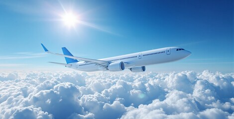 Fototapeta premium Passenger airplane flying high above clouds under a bright sun, photorealistic style, blue sky background, concept of air transport and travel. Ai generative