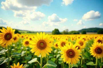 Fototapeta premium Vibrant sunflowers in a summer field, golden hues , plant, summertime, field