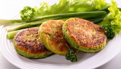 three patties of food on a white plate with green vegetables