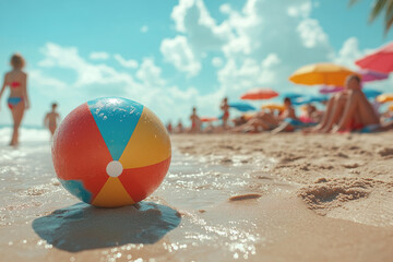 Playful beach day with kids tossing a beach ball between colorful umbrellas and towels, set against a seaside backdrop