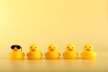 Many cute rubber ducks on yellow background