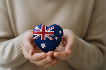 A person holds a heart with the Australian flag design, symbolizing love and support.