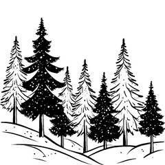 Obraz premium Winter forest landscape illustration with snow covered trees and hills art silhouette