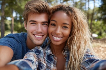 Fototapeta premium A young couple taking a selfie outdoors, smiling and having fun together in the park on a sunny day