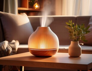 modern essential oil diffuser filling a cozy living room with warm light and soothing aromas
