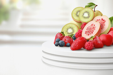 A beautifully arranged plate filled with a variety of fresh fruits and colorful berries for a healthy snack or meal