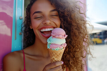 Woman laughing with eyes closed while enjoying colorful triple-scoop ice cream near pastel ice cream truck