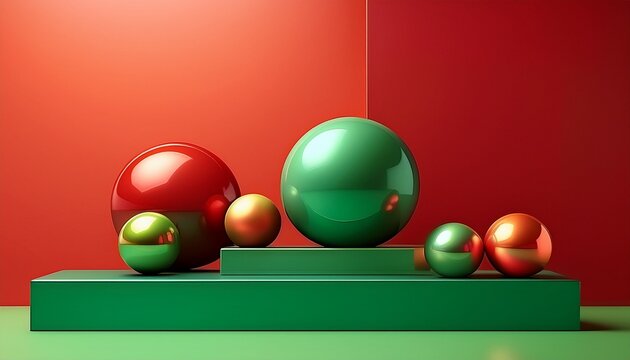 generative ai illustration of colorful geometric shapes of smooth and shiny spheres on stof square platforms against red and green background