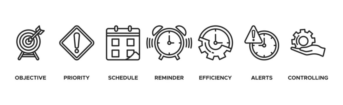 Time management banner web icon vector illustration concept with icon of objective, priority, schedule, reminder, efficiency, alerts, and controlling