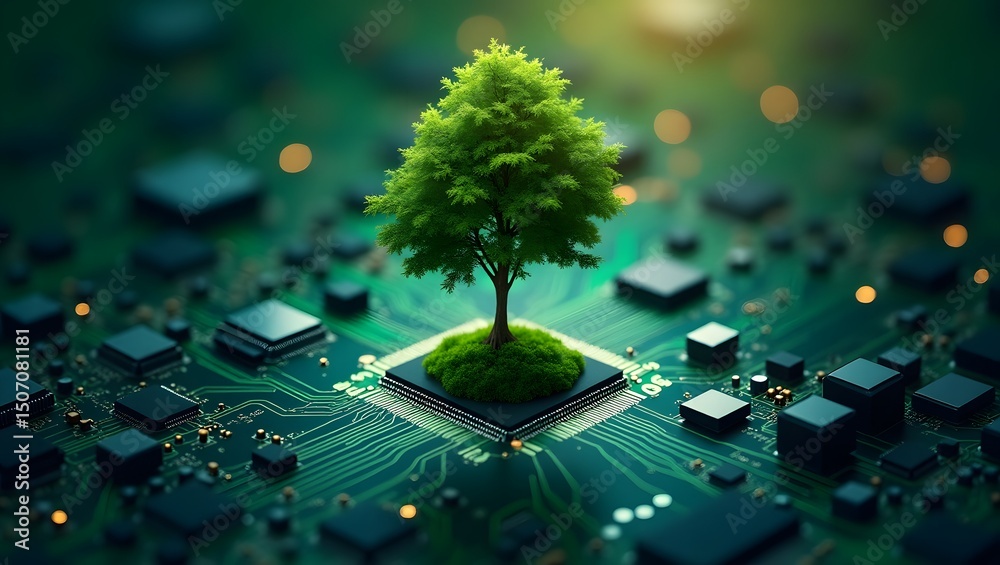 Poster a tree sprouting from a computer chip, symbolizing environmental-friendly technology and sustainable innovation. The image signifies the harmony between nature and technology