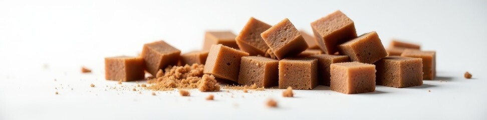 Dark brown sugar cubes tumbling onto pristine white surface, sugar cubes falling, high resolution, food photography