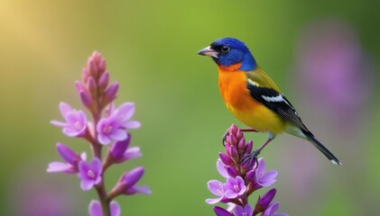 Colorful finch perched on purple blooms, meadow setting, sharp detail, garden, photo, wildflower