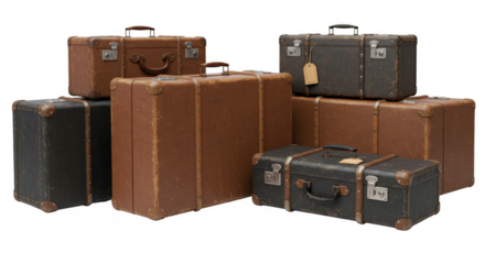 Illustration Stack of Vintage Brown Luggage Suitcases Travel Bags on Transparent