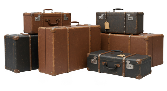 Illustration Stack of Vintage Brown Luggage Suitcases Travel Bags on Transparent