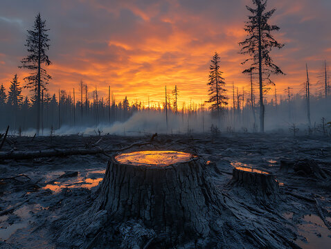 A charred forest landscape with smoldering tree stumps and an orange smoky sky in the background illustrating the aftermath of wildfires. - Powered by Adobe