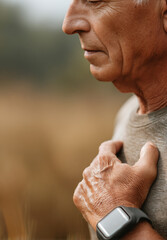 Older man checking heart rate on smartwatch hand on chest outdoors healthy lifestyle senior technology monitoring calm wellness nature background