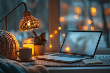 Cozy home working desk with closed laptop, desk lamp, coffee mug and notepad on textured mat
