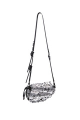 Stylish abstract patterned shoulder bag with black strap isolated on white background