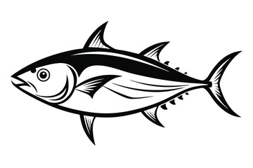 Stylized Black and White Tuna Fish Illustration with Defined Fins and Tail Detail
