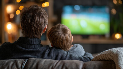 Father and son sitting on sofa watching soccer game on television, cozy living room with warm lighting, family bonding and relaxation, evening atmosphere