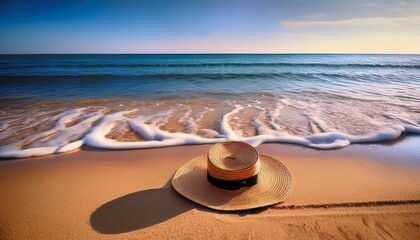 wide brimmed straw hat on tranquil sandy beach gentle waves lapping shore vacation escape