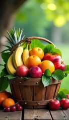 A vibrant bunch of assorted fruits, including bananas, oranges, apples, and grapes, overflowing from a rustic wooden basket Perfect for healthy eating, market, and farm themes , closeup, bright