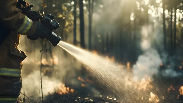 Firefighter suppressing forest fire with hose