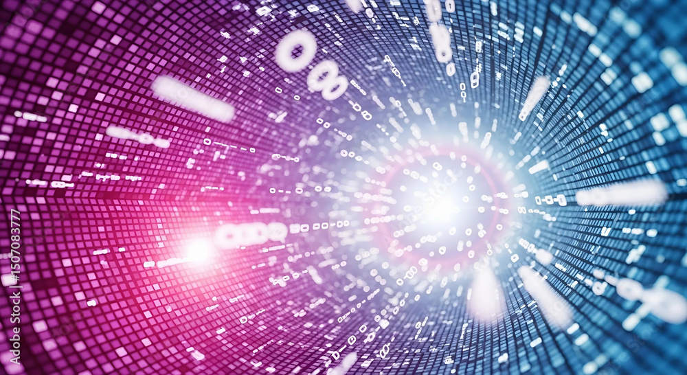 Wall mural a colorful digital tunnel showcasing flying binary numbers, with lens flares and a blurred depth of 