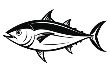 Black and white graphic illustration of a tuna fish swimming sideways facing left