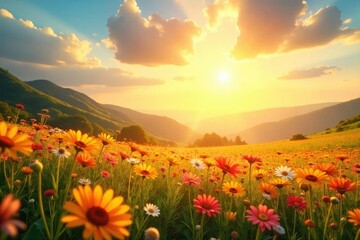 Obraz premium A vibrant, sun-drenched scene bursting with joyful energy Golden sunlight illuminates a landscape filled with uplifting and cheerful colors , golden hour, vibrant, fantastic