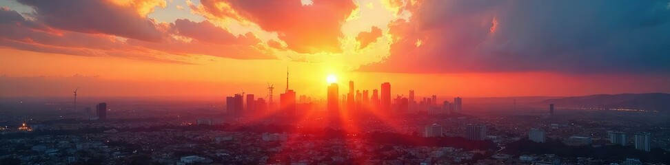 Fototapeta premium A vibrant sunrise over a cityscape, symbolizing hope, progress, and the potential for a brighter tomorrow Clean energy sources are subtly visible in the distance , cityscape, uplifting