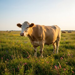 Single blonde cow in a wildflower meadow at sunset