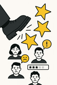 Kicking bad reviews negative feedback concept. Unhappy customers disappointed faces sad emotions. Poor star rating elimination metaphor. Business reputation management control vector