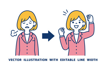 疲れていたが元気になった、女性会社員のベクターイラスト素材＿線幅の編集可能