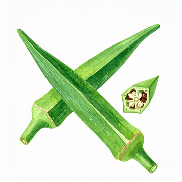 Watercolor painting of okra isolated on white backdrop. Tasty and healthy vegetable. Hand drawn